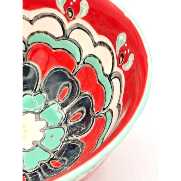 ANTHROPOLOGIE Footed Bowl Akaya Elka Red Bohemian Floral Handpainted Cereal Soup - Picture 8 of 13